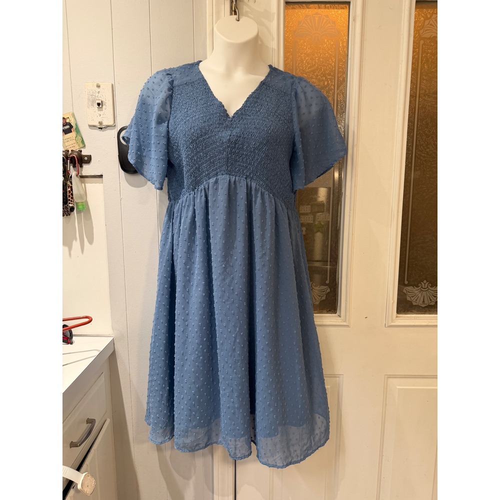 Maacie Blue Swiss Dot Smocked Bodice Maternity Dress V-Neck Flutter Sleeve 2XL